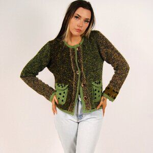 90s Multi Pattern Wool Cardigan (M) patchwork green medium button up shaggy y2k